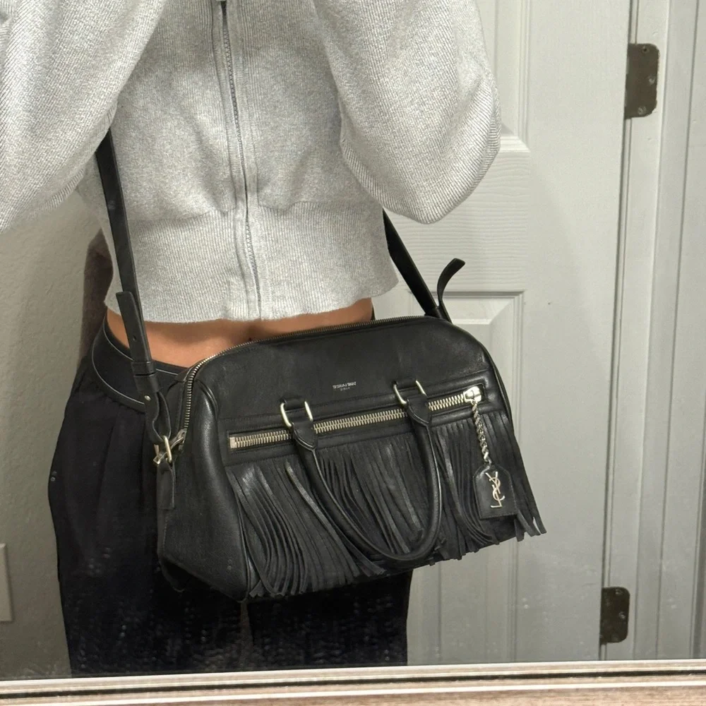 Yves Saint Laurent Black Leather Fringe Satchel Crossbody